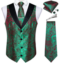 Green Red Paisley Jacquard Silk Waistcoat Vest Tie Handkerchief Cufflinks With Clip Set