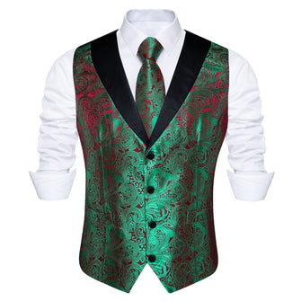 Green Red Paisley Jacquard Silk Waistcoat Vest Handkerchief Cufflinks Tie Vest Suit Set