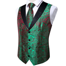 Green Red Paisley Jacquard Silk Waistcoat Vest Handkerchief Cufflinks Tie Vest Suit Set