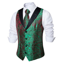 red green paisley Shawl Collar mens silk vest necktie set