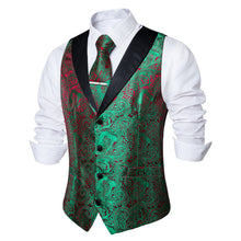 Green Red Paisley Jacquard Silk Waistcoat Vest Tie Handkerchief Cufflinks With Clip Set