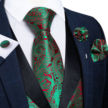 Green Red Paisley Jacquard Silk Waistcoat Vest Tie Handkerchief Cufflinks With Lapel Pin Set