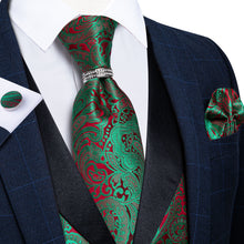 Green Red Paisley Jacquard Silk Waistcoat Vest Tie Handkerchief Cufflinks With Ring Set