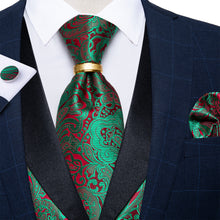 Green Red Paisley Jacquard Silk Waistcoat Vest Tie Handkerchief Cufflinks With Ring Set