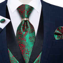 Green Red Paisley Jacquard Silk Waistcoat Vest Tie Handkerchief Cufflinks With Ring Set