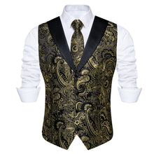 Black Golden Paisley Jacquard V Neck Waistcoat Vest Tie Handkerchief Cufflinks Set