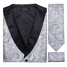 Silver Floral Silk Vest Necktie Pocket square Cufflinks Silver Ring Set