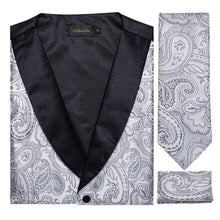 Silver Floral Silk Vest Necktie Pocket square Cufflinks Gold Rhinestone Ring Set