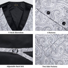 Silver Floral Silk Vest Necktie Pocket square Cufflinks Silver Ring Set