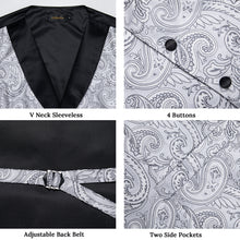 Silver Floral Silk V Neck Vest Necktie Pocket square Cufflinks Lapel Pin Set