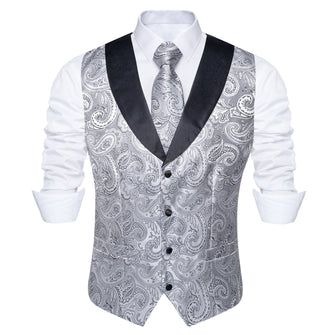 Silver Floral Jacquard Silk V Neck Vest Necktie Pocket square Cufflinks Set