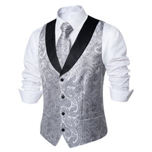 Silver Floral Jacquard Silk V Neck Vest Necktie Pocket square Cufflinks Set