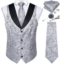 Silver Floral Silk V Neck Vest Necktie Pocket square Cufflinks Lapel Pin Set