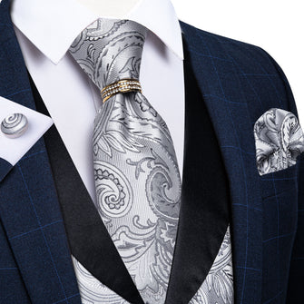 Silver Floral Silk Vest Necktie Pocket square Cufflinks Gold Rhinestone Ring Set