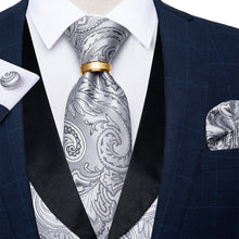 Silver Floral Silk Vest Necktie Pocket square Cufflinks Gold Ring Set