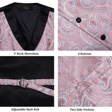 Pink Floral Silk V Neck Vest Necktie Pocket square Cufflinks Lapel Pin Set
