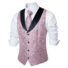 Pink Floral Jacquard Silk V Neck Vest Necktie Pocket square Cufflinks Set