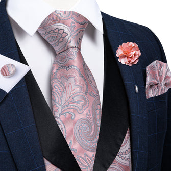 Pink Floral Silk V Neck Vest Necktie Pocket square Cufflinks Lapel Pin Set