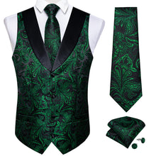 Green Golden Paisley Jacquard V Neck Waistcoat Vest Tie Handkerchief Cufflinks Clip Pin Set