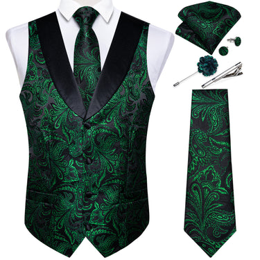 Green Golden Paisley Jacquard V Neck Waistcoat Vest Tie Handkerchief Cufflinks Clip Pin Set