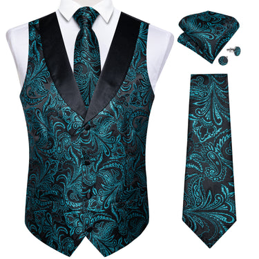 Black Green Floral Jacquard V Neck Waistcoat Vest Tie Handkerchief Cufflinks Clip Pin Set