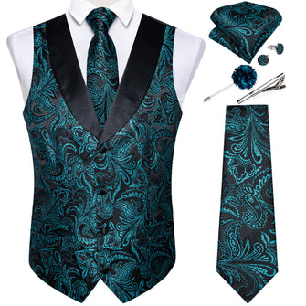 Black Green Floral Jacquard V Neck Waistcoat Vest Tie Handkerchief Cufflinks Clip Pin Set