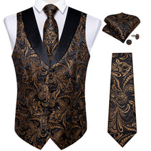 Black Golden Floral Jacquard V Neck Waistcoat Vest Tie Handkerchief Cufflinks Clip Pin Set