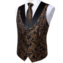 Black Golden Floral Jacquard V Neck Waistcoat Vest Tie Handkerchief Cufflinks Clip Pin Set