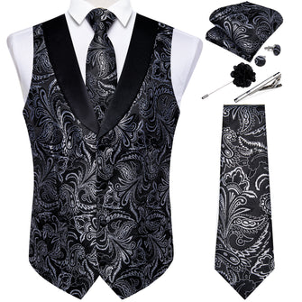 Black Silver Floral Jacquard V Neck Waistcoat Vest Tie Handkerchief Cufflinks Clip Pin Set