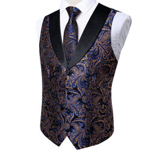 Black Blue Floral Jacquard V Neck Waistcoat Vest Tie Handkerchief Cufflinks Clip Pin Set