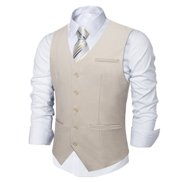Khaki Solid Vest Tie Handkerchief Cufflinks Set