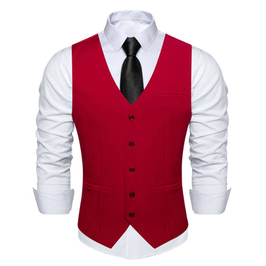 Red Solid Vest Tie Handkerchief Cufflinks Set