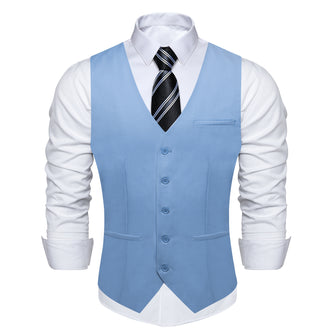Sky Blue Solid Vest Black Striped Tie Set