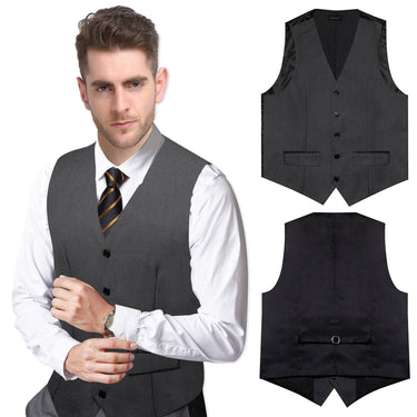 Black Grey Solid Flip Pocket Vest Necktie Set