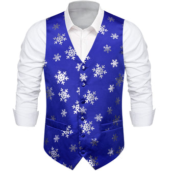 Christmas Blue Silver Snowflake Jacquard Silk Waistcoat Vest