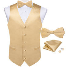Pale Yellow Solid Jacquard V Neck Vest Neck Bow Tie Handkerchief Cufflinks Set