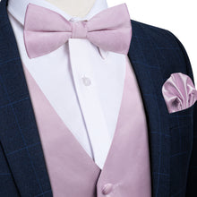 Pink Solid Jacquard V Neck Vest Neck Bow Tie Handkerchief Cufflinks Set