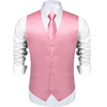 Pink Solid Satin Waistcoat Vest Bowtie Handkerchief Cufflinks Set
