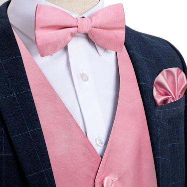 Pink Solid Satin Waistcoat Vest Bowtie Handkerchief Cufflinks Set