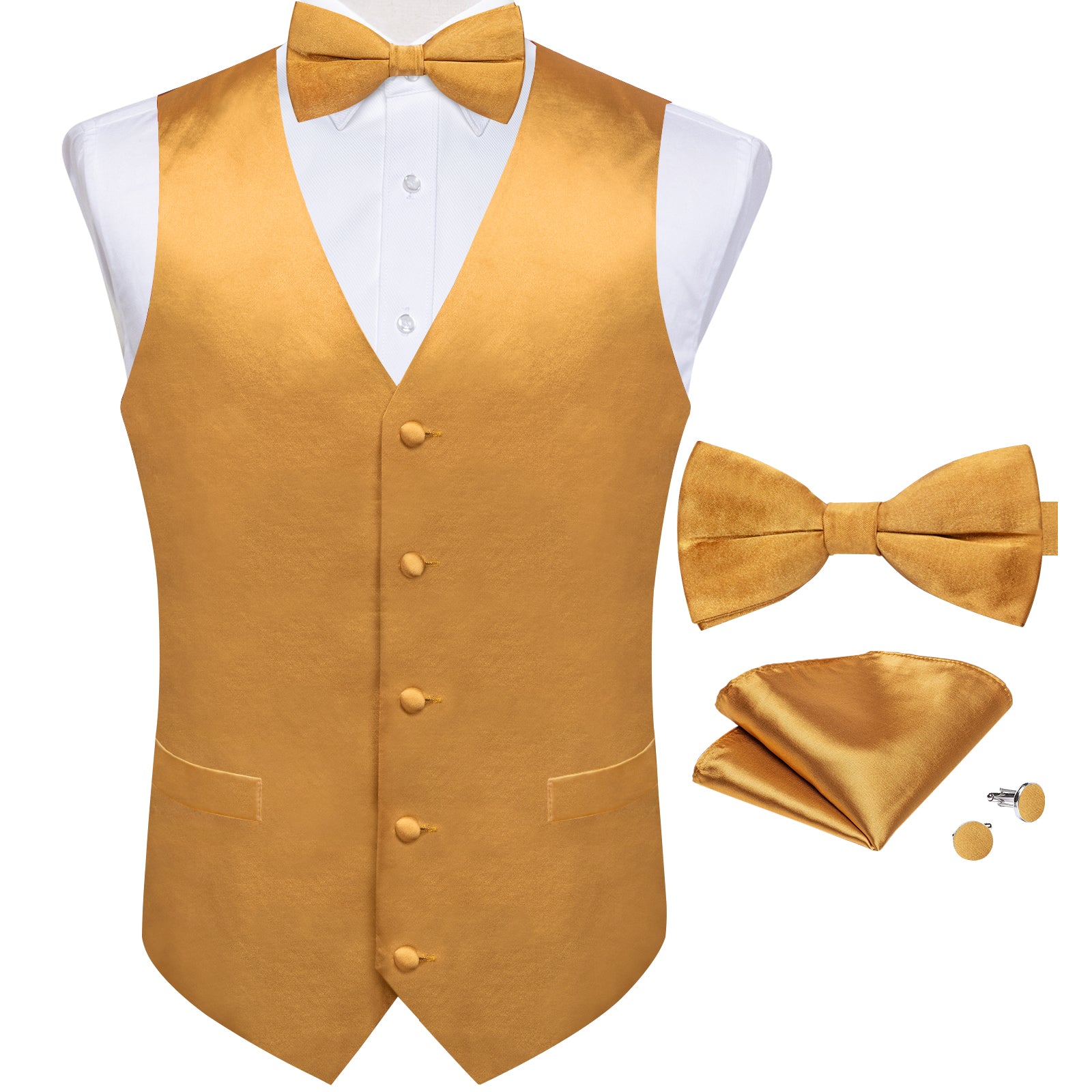 mens gold vest and bow tie
