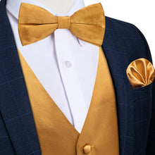 Golden Solid Jacquard V Neck Vest Neck Bow Tie Handkerchief Cufflinks Set