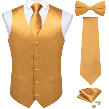 Golden Solid Jacquard V Neck Vest Neck Bow Tie Handkerchief Cufflinks Set