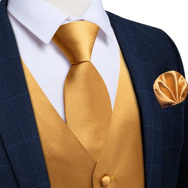 Golden Solid Satin Waistcoat Vest Tie Handkerchief Cufflinks Set