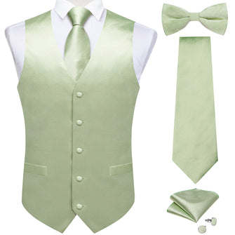 Mint Green Solid V neck silk dress suit vest tie bow tie pocket square cufflinks set for men