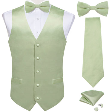 Mint Green Solid Jacquard V Neck Vest Neck Bow Tie Handkerchief Cufflinks Set