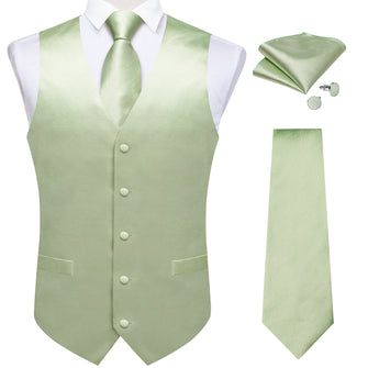 Mint Green Solid Satin Waistcoat Vest Tie Handkerchief Cufflinks Set