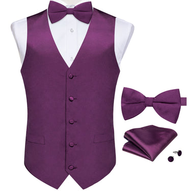 Purple Solid Satin Waistcoat Vest Bowtie Handkerchief Cufflinks Set