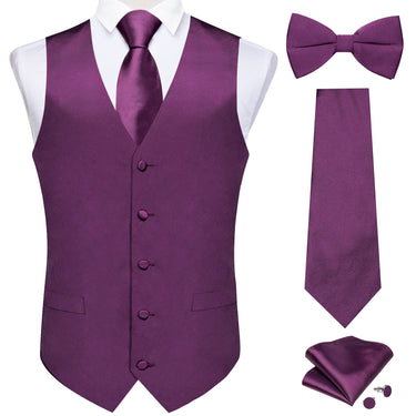 Purple Solid Jacquard V Neck Vest Neck Bow Tie Handkerchief Cufflinks Set