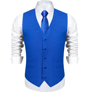 Blue Solid Satin Waistcoat Vest Tie Handkerchief Cufflinks Set