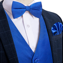 Blue Solid Jacquard V Neck Vest Neck Bow Tie Handkerchief Cufflinks Set